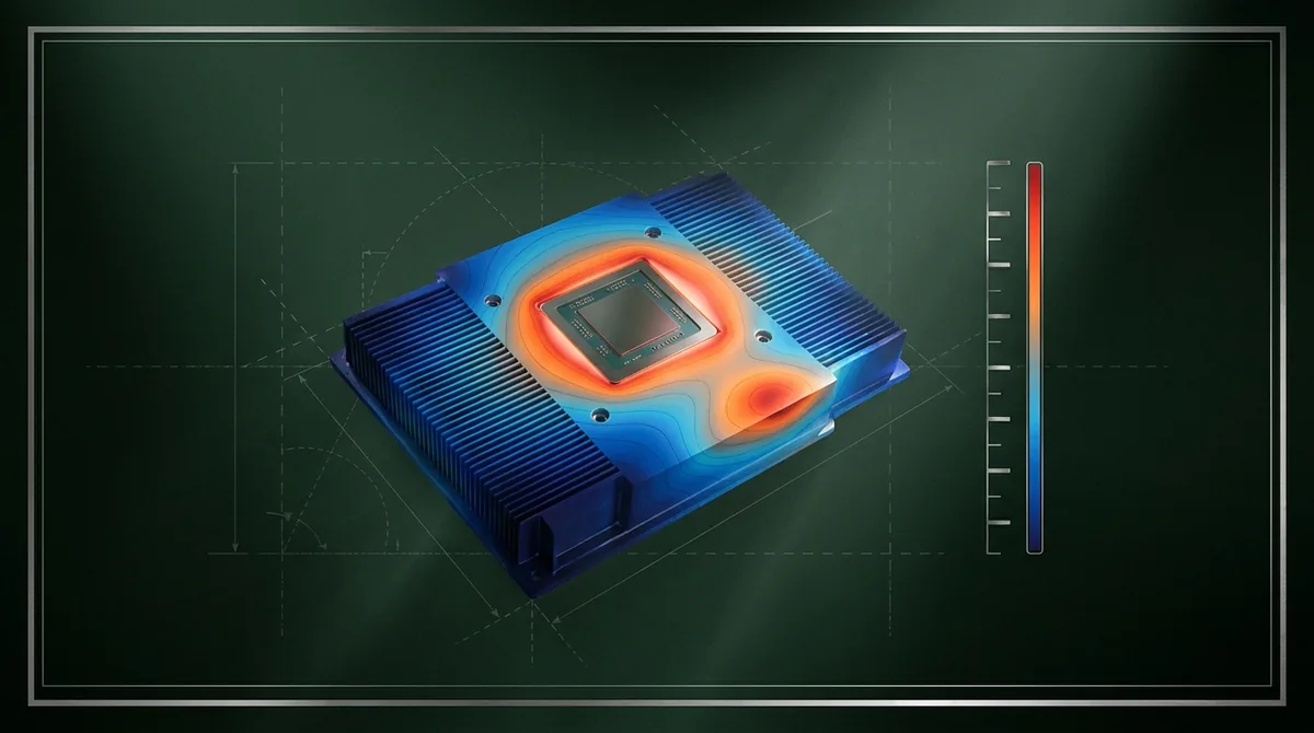 Thermal heat-map simulation rendered on a heatsink surface